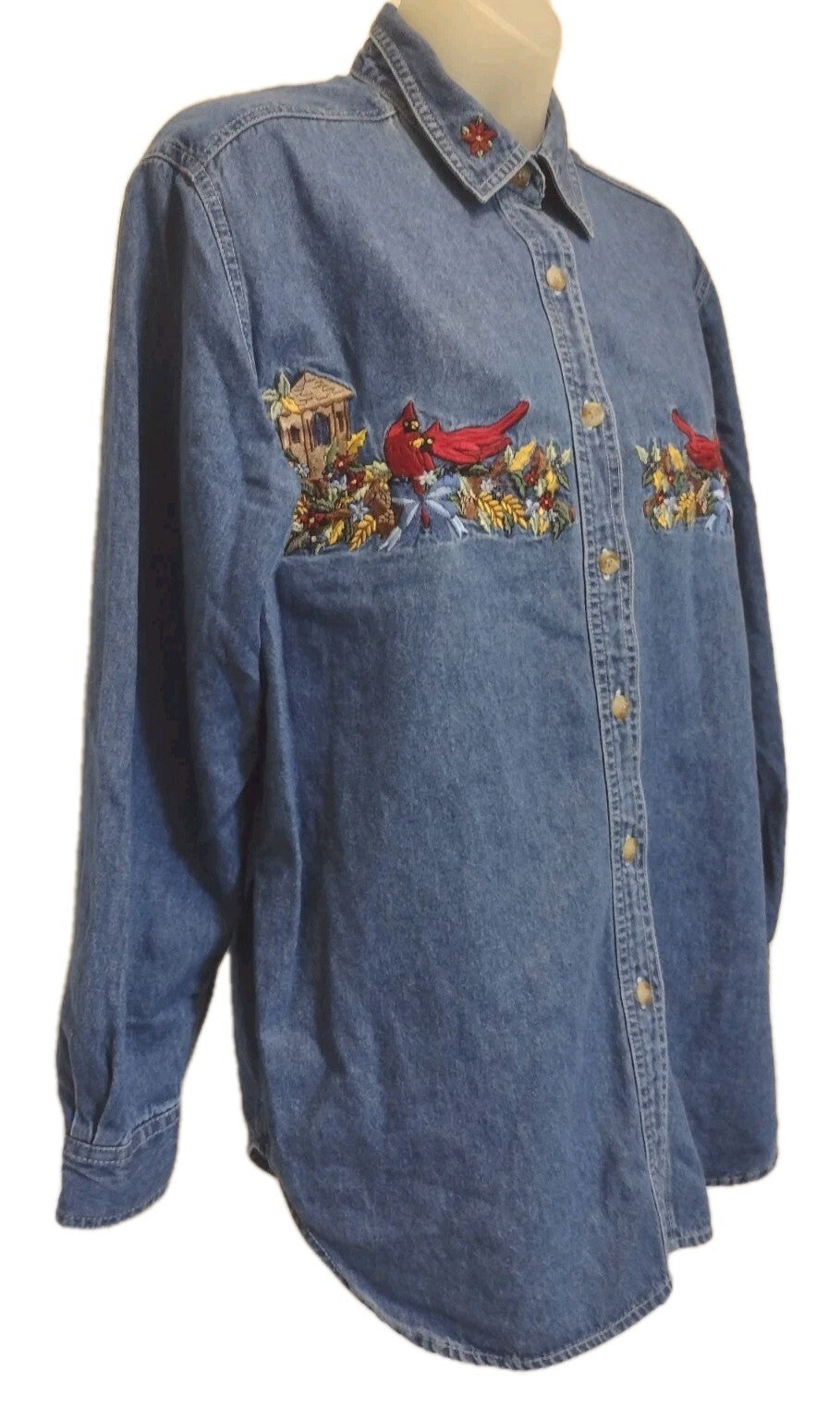 Vintage Denim Shirt Embroidered Cardinals Birdhouse Cotton Button Up Women's L