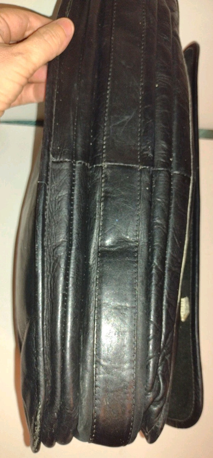 Vintage Black Leather Expandable Briefcase Portfolio Executive Lawyer Bag 17"