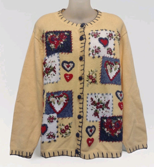 Vintage 2003 Womens Heirloom Collectibles Cardigan Large Y2K Cottagecore Hearts