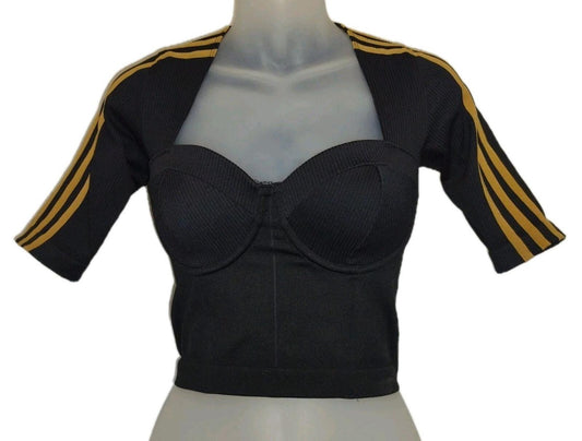 Adidas Ivy Park Ribbed Knit Crop Top Black Gold Logo Size Small