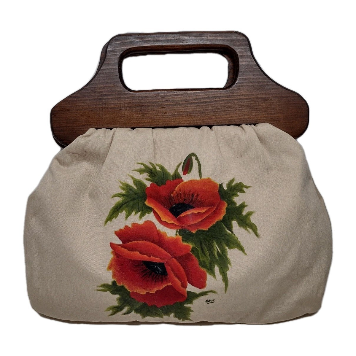 Vintage 70s Hand Painted Poppy Canvas Handbag Wood Handle Signed Folk Art Purse