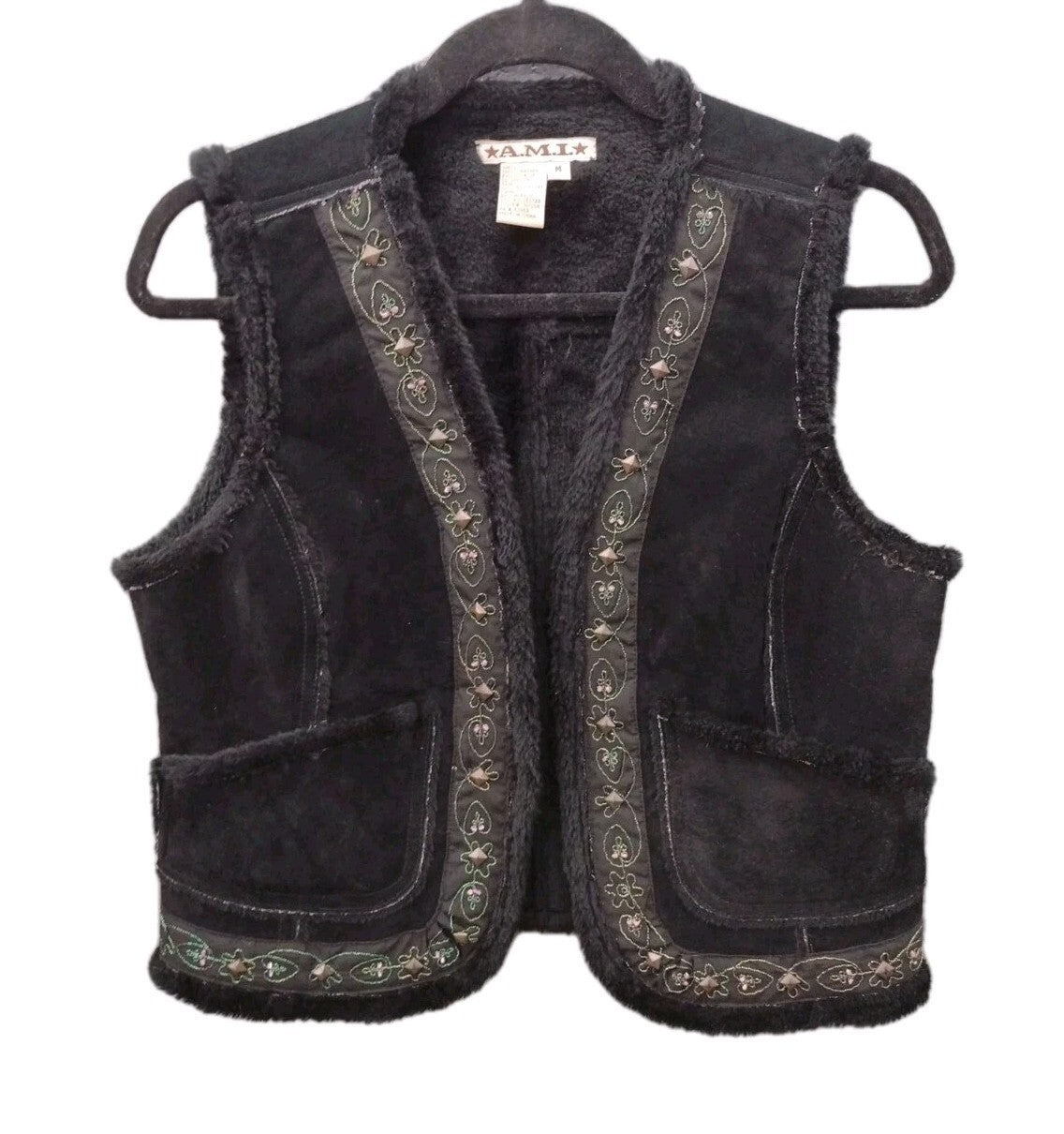 A.M.I. Y2K Black Suede Leather Vest Faux Fur Embroidered Studded Western M