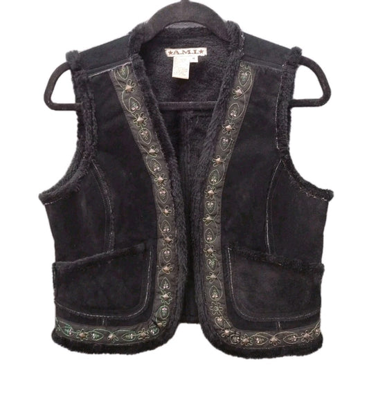 A.M.I. Y2K Black Suede Leather Vest Faux Fur Embroidered Studded Western M