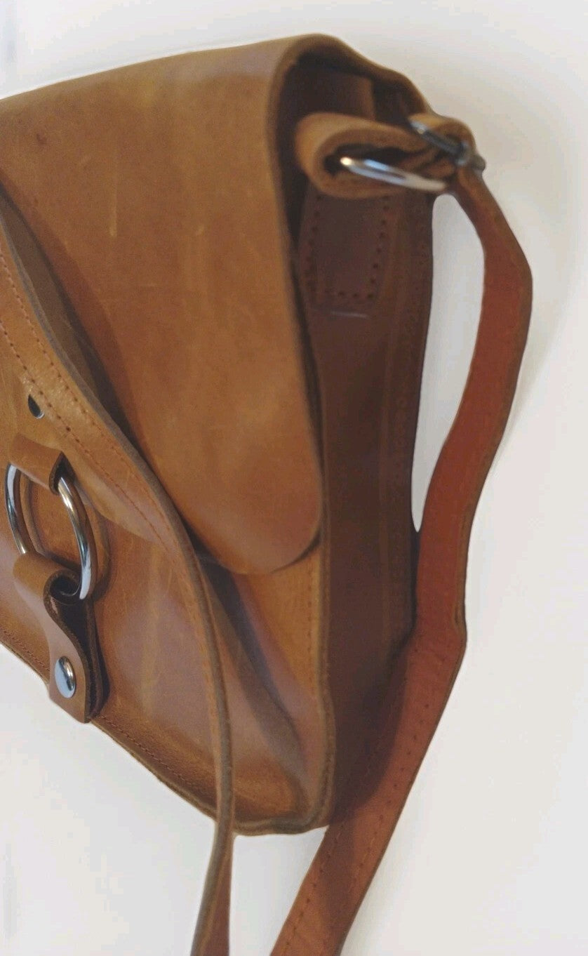 Boho Cognac Leather Crossbody Bag Artisan O Ring Shoulder Purse Rustic