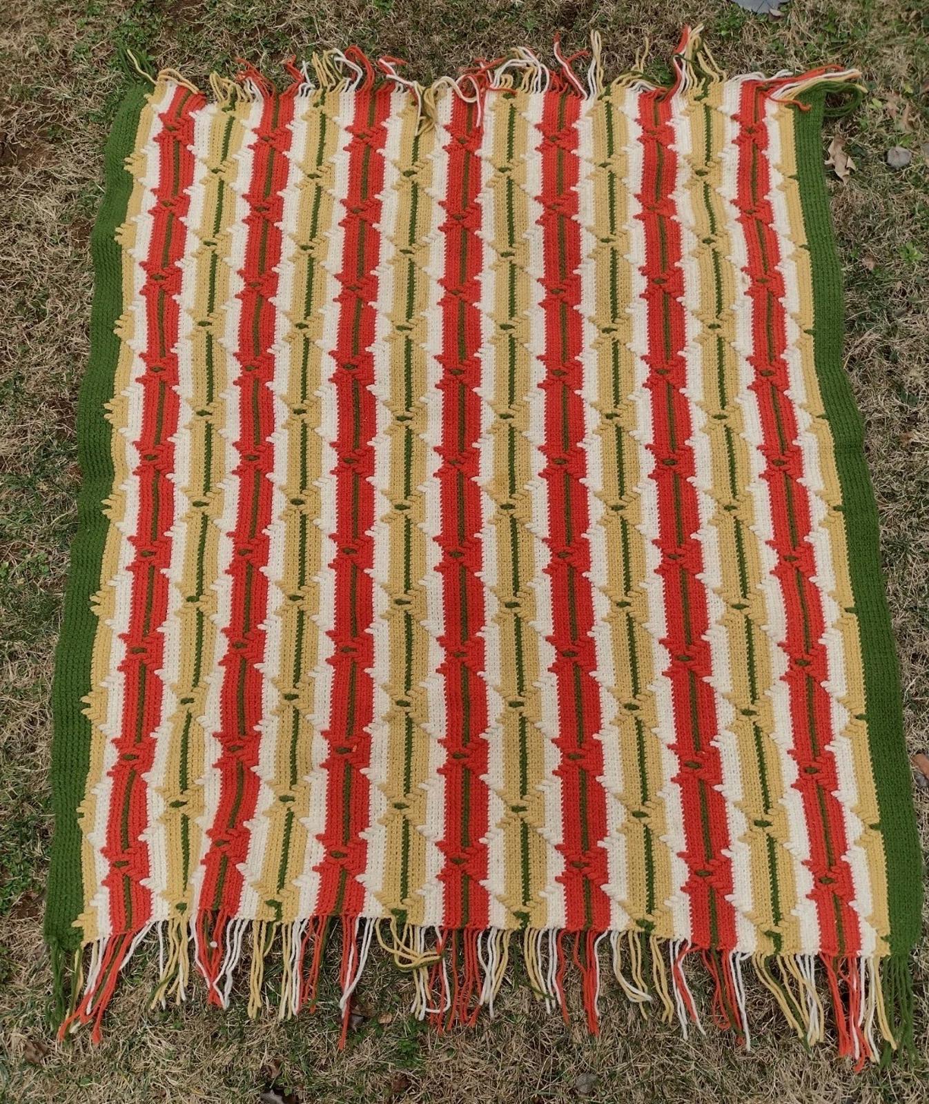 Vintage 70s Hand Crochet Throw 48x58 Retro Stripe Diamond Stitch Fringe Afghan