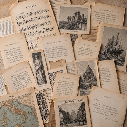 Vintage Book Pages Ephemera Pack 20 Piece Assortment Junk Journal Collage Mixed