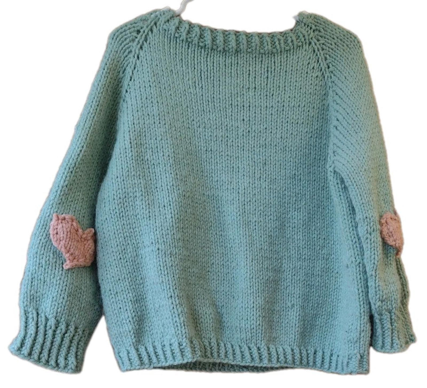 Handmade Wool Blend Green Sweater w/ Pink Heart Elbow Patches Boat Neck M/L