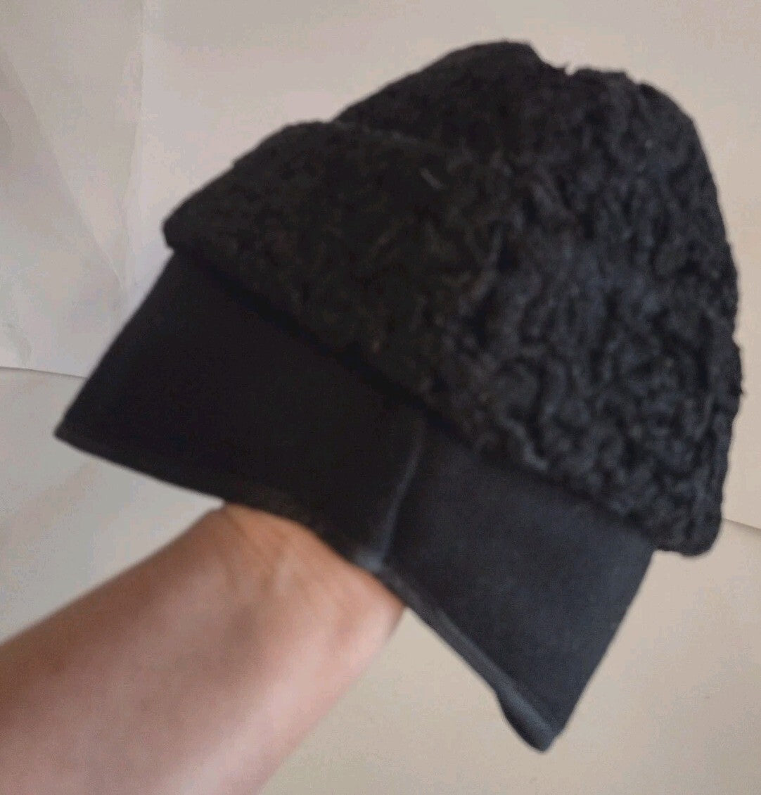 Vintage 1950s 60s Black Curly Lamb Fur Winter Cap Ear Flap Union Made Medium