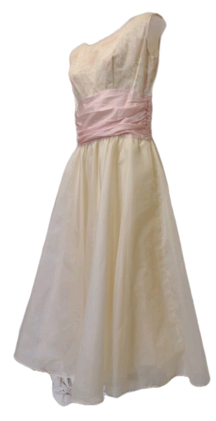 VTG 1960s Handmade Floral Chiffon Party Dress Pink Ivory Tea Garden Wedding M