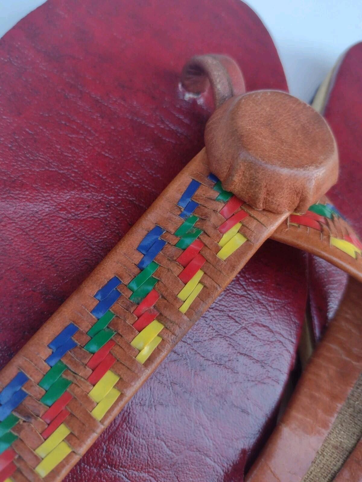 VTG 70s Handmade Indian Leather Sandals Boho Festival Woven Artisan Flip Flops 9