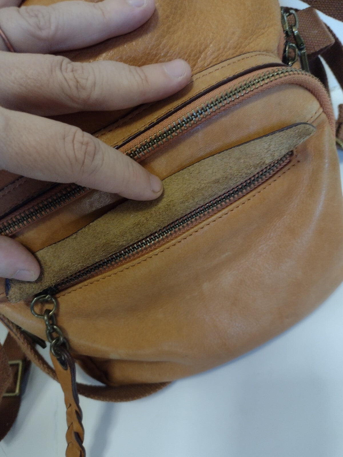Boho Cognac Leather Backpack Distressed Rucksack Utility Pocket Y2K Style Bag