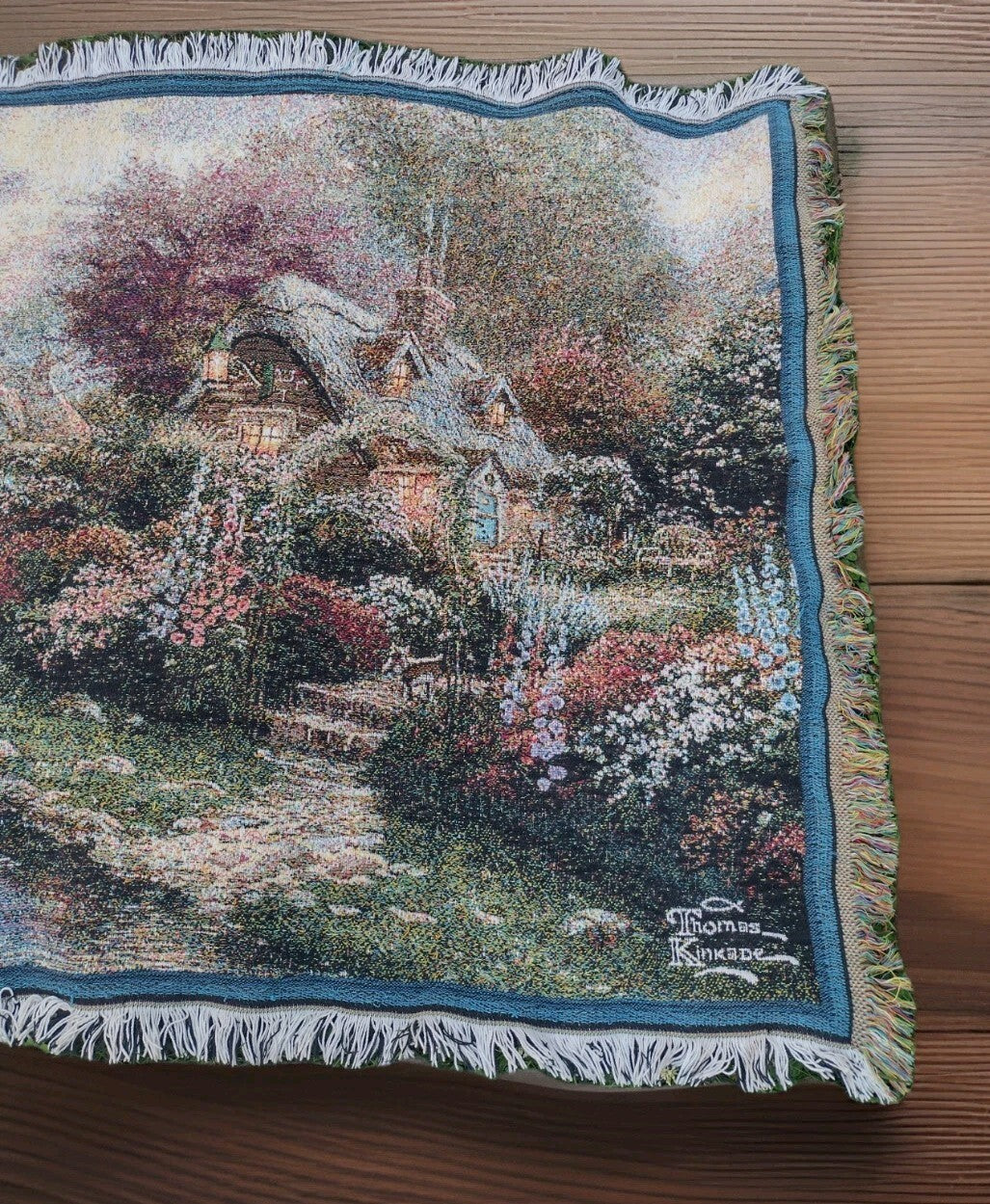Thomas Kinkade Tapestry Throw Blanket Cottage Bridge Floral Cotton USA Licensed