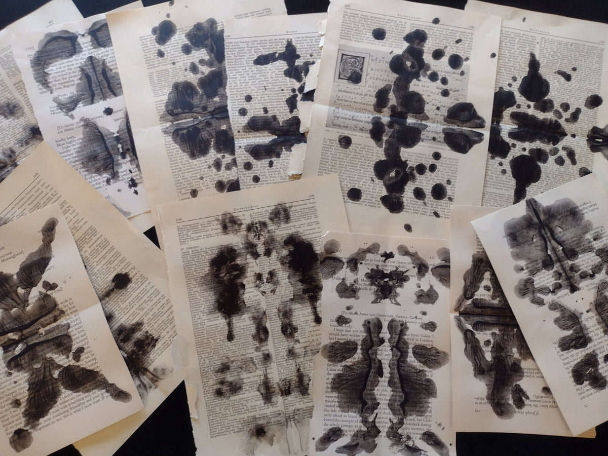 Rorschach Inspired Inkblot Hand Painted Vintage Book Pages 10 Pc Gothic Ephemera