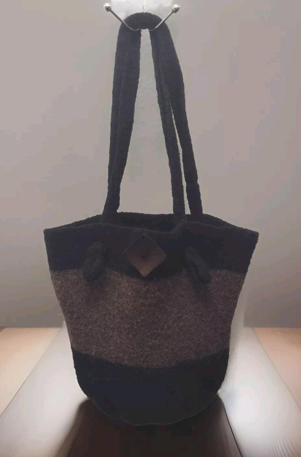 Handmade Wool Tote Bucket Bag Two-tone Brown And Black With Wood Button Accent