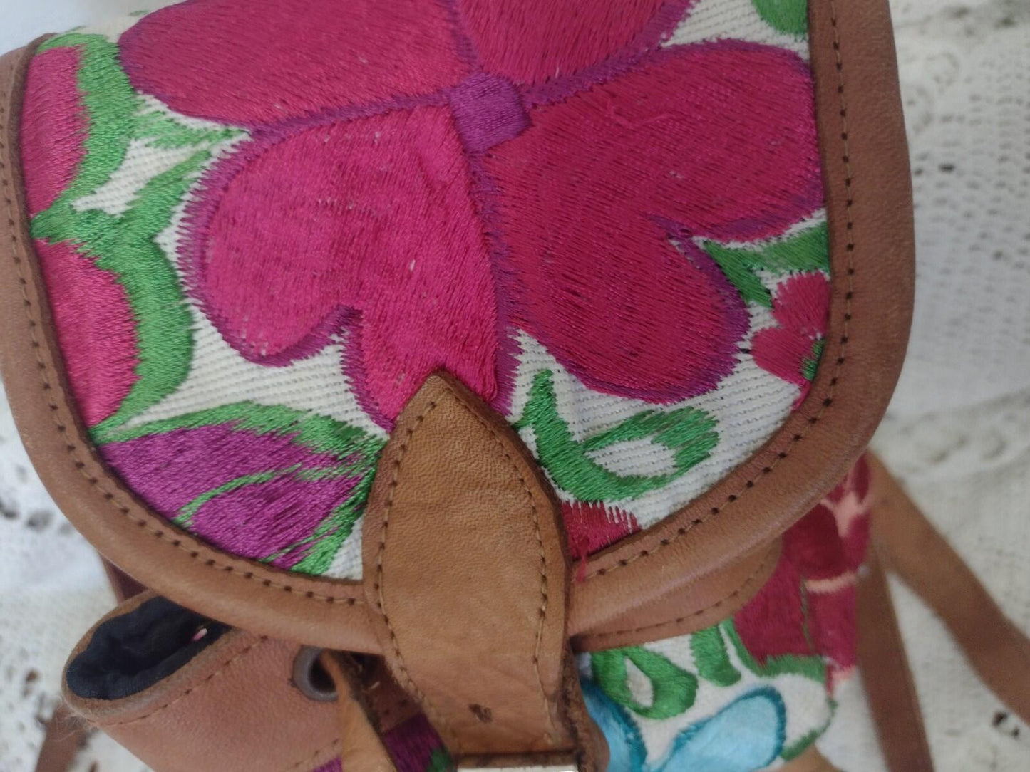 Vintage Handmade Embroidered Floral Leather Mini Backpack Boho Folk Art