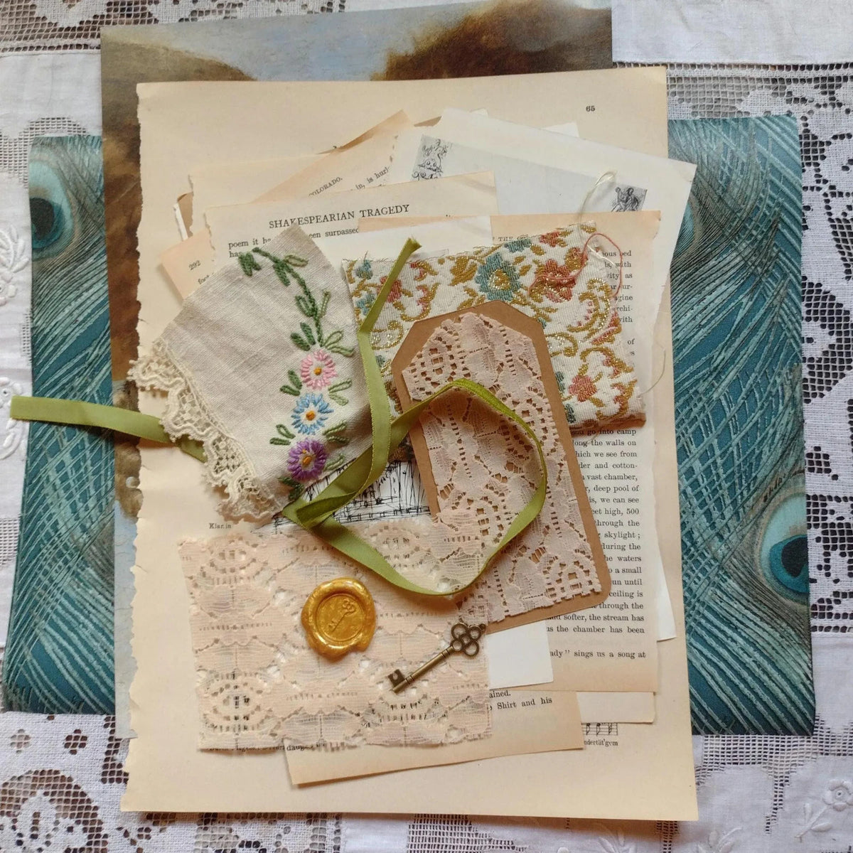 Victorian Peacock Ephemera Pack Vintage Book Pages Textiles Junk Journal Collage