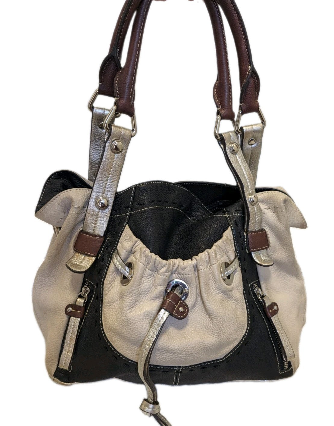 B. Makowsky Colorblock Pebbled Leather Satchel Beige Black Metallic Shoulder Bag