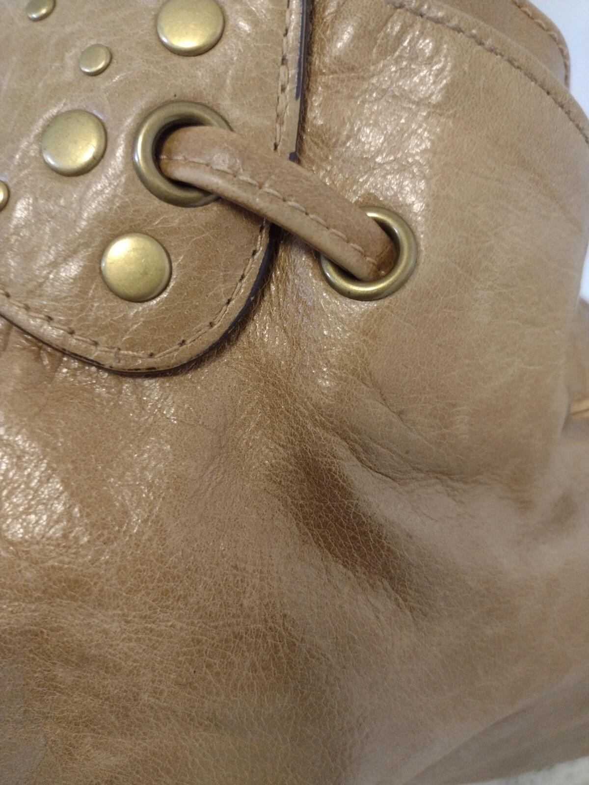 Vintage Tan Leather Drawstring Shoulder Bag Waxed Distressed Finish Stud Accents