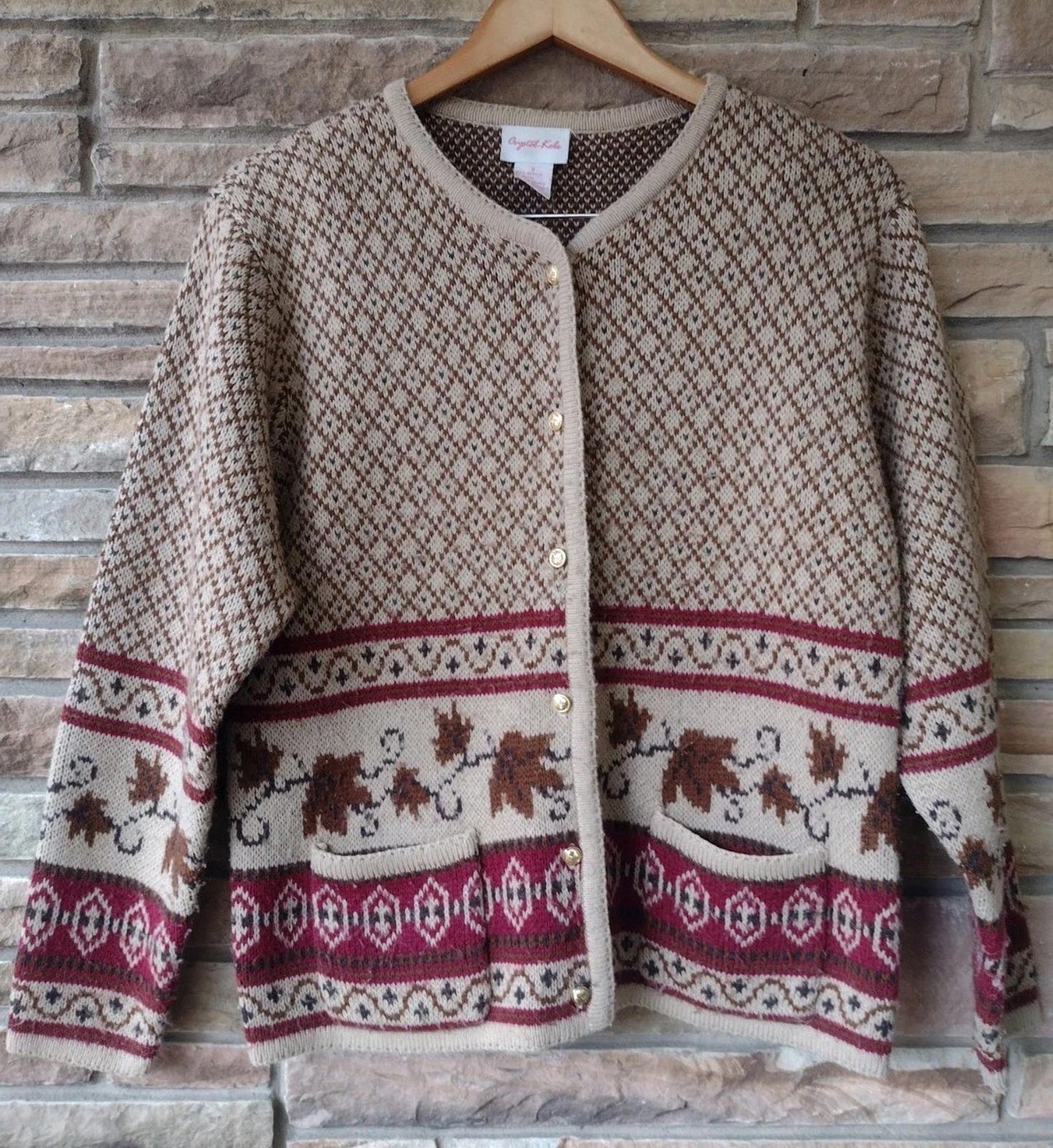 Vintage Crystal-Kobe Leaf Knit Cardigan Small Acrylic Fall Sweater Mexico