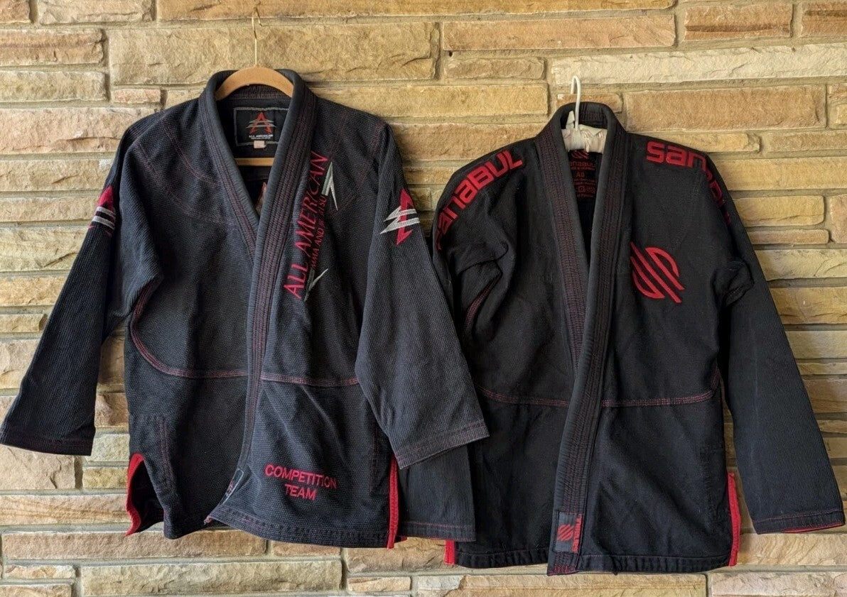 2 Black BJJ Gi Jackets A0 A1 Sanabul & All American MMA Jiu Jitsu Kimono Tops