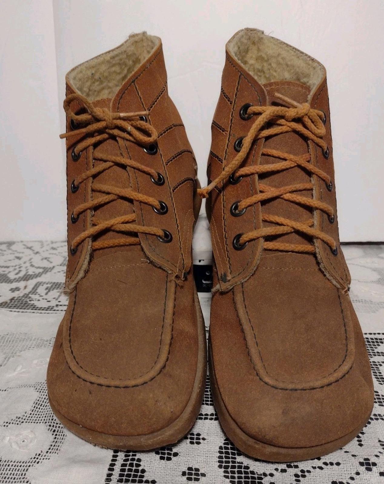 Vintage 70s Suede Sherpa Lined Lace Up Winter Booties Women’s 9.5 Brown