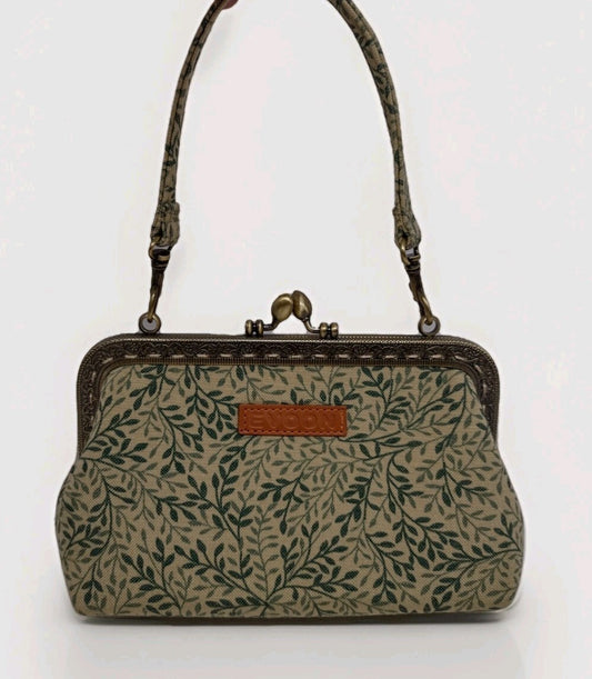 EVOON Botanical Kiss Lock Frame Handbag Green Leaf Cottagecore Vintage Style