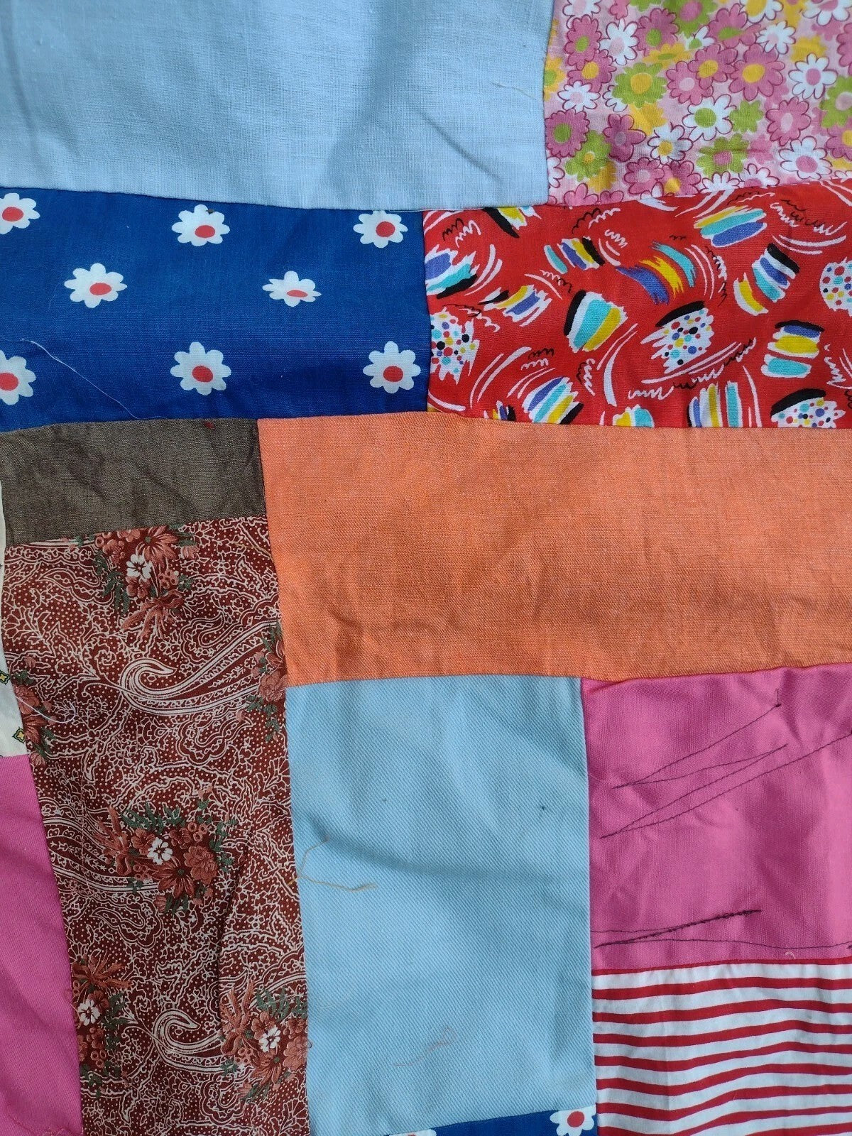 Vintage 80s Handmade Scrap Quilt Top 86x82 Make Do Patchwork Folk Art Textile