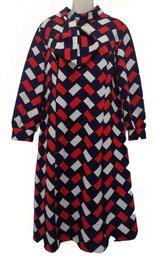 VTG 70s Gracie Square Geo Print Polyester Dress XL Tie Neck