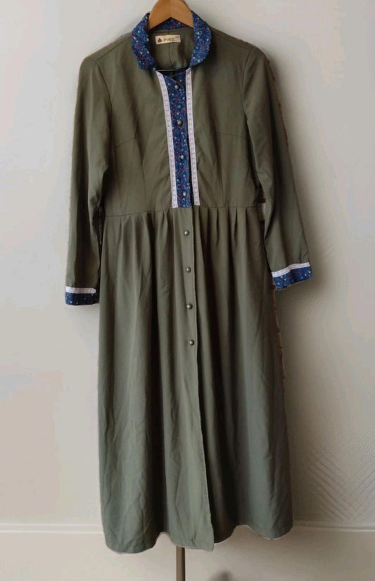 Vintage Pike Prairie Dress Green Calico Lace Trim Cottagecore Size 44