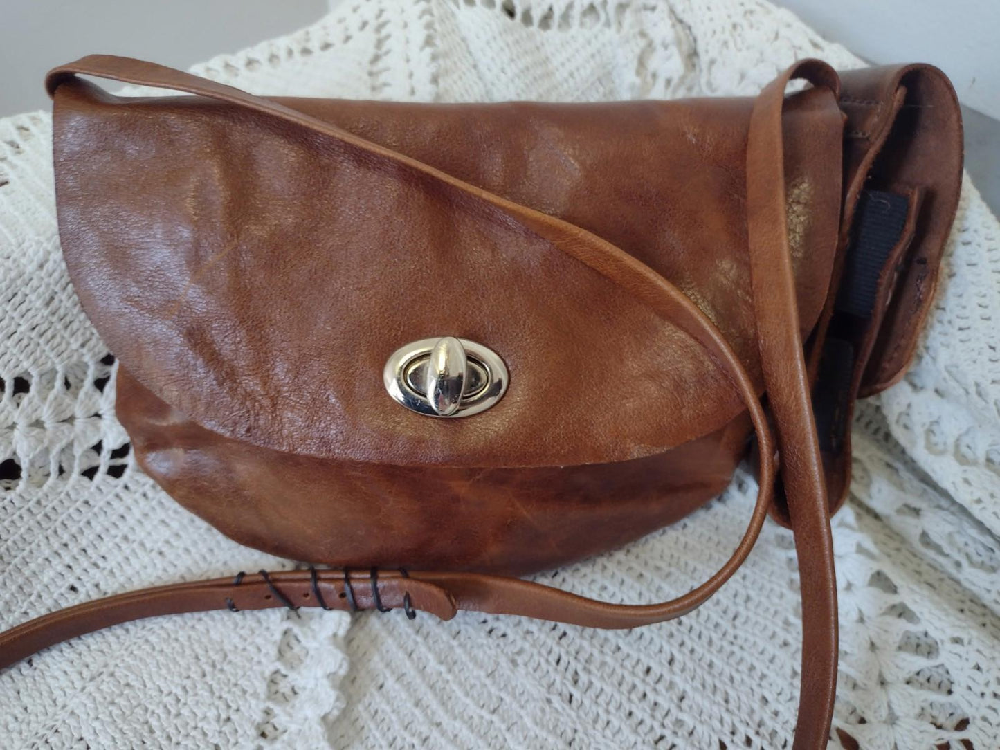 Vintage 80s Handmade Leather Crescent Crossbody Bag Falcon Crest Turn Lock