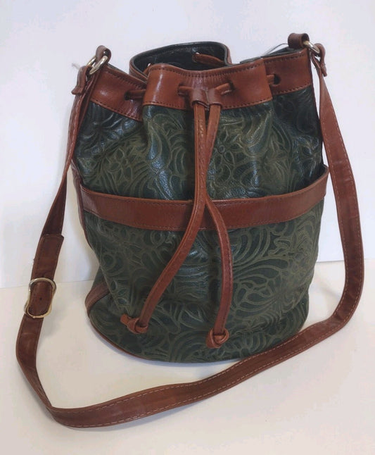 Vintage 80s 90s Green Embossed Leather Bucket Bag Drawstring Boho Western