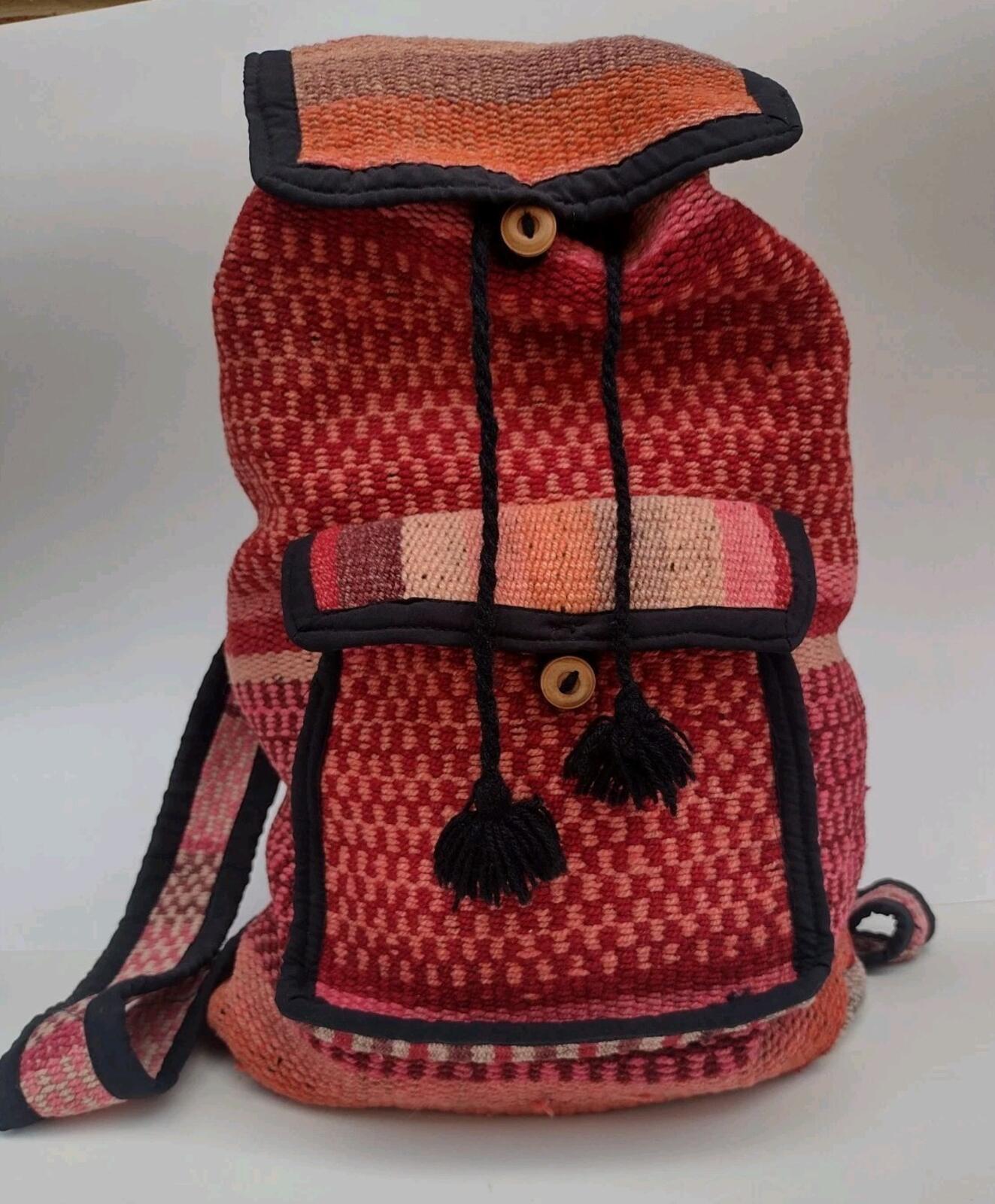 Vintage Handwoven Boho Backpack Wool Tassel Artisan Festival