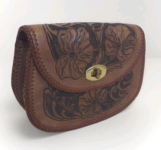 VTG 60s Hand Tooled Leather Clutch Floral Boho Western Artisan Structured Purse