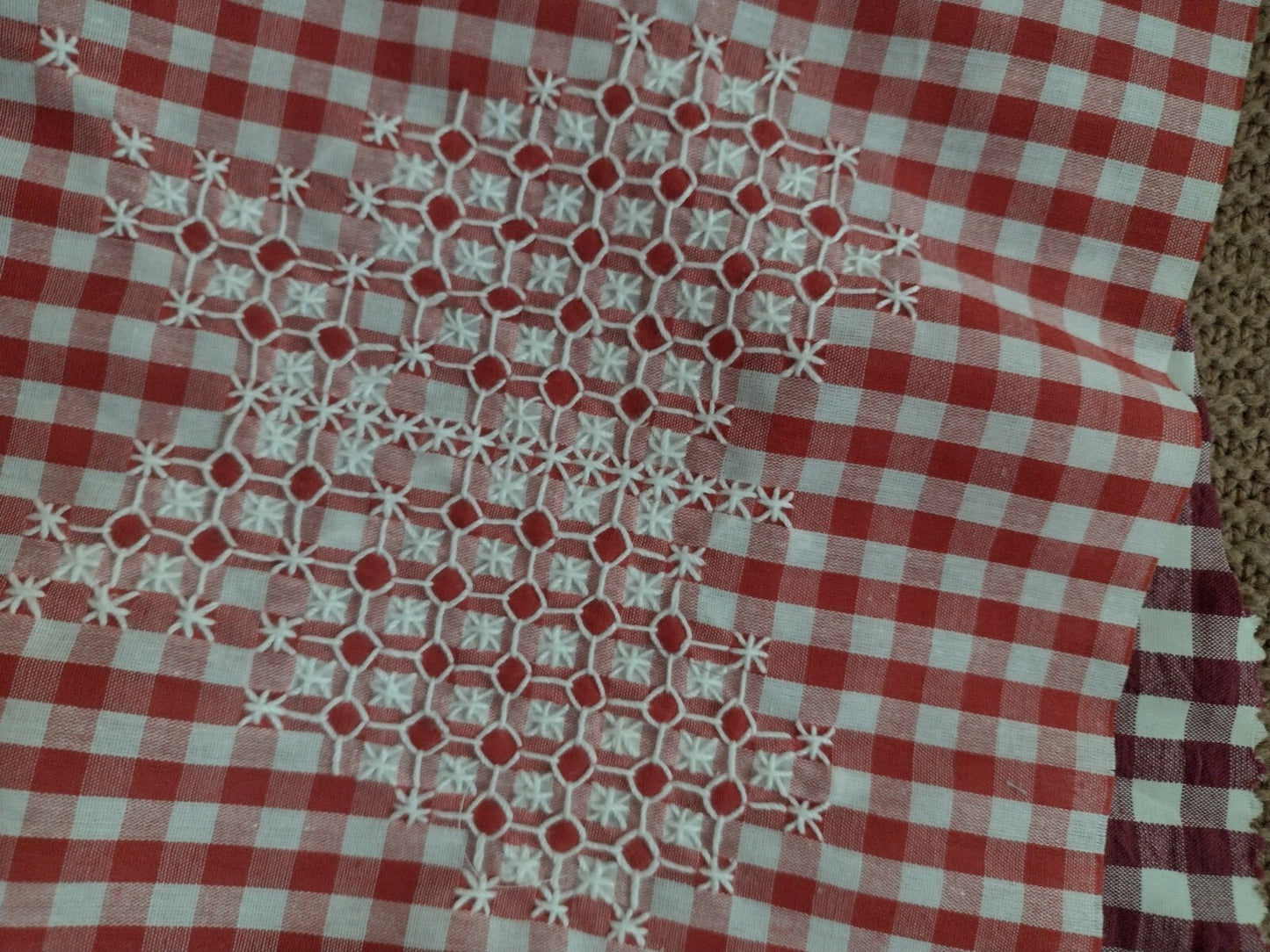 20 Vintage Chicken Scratch Gingham Quilt Blocks Hand Embroidered Folk Art