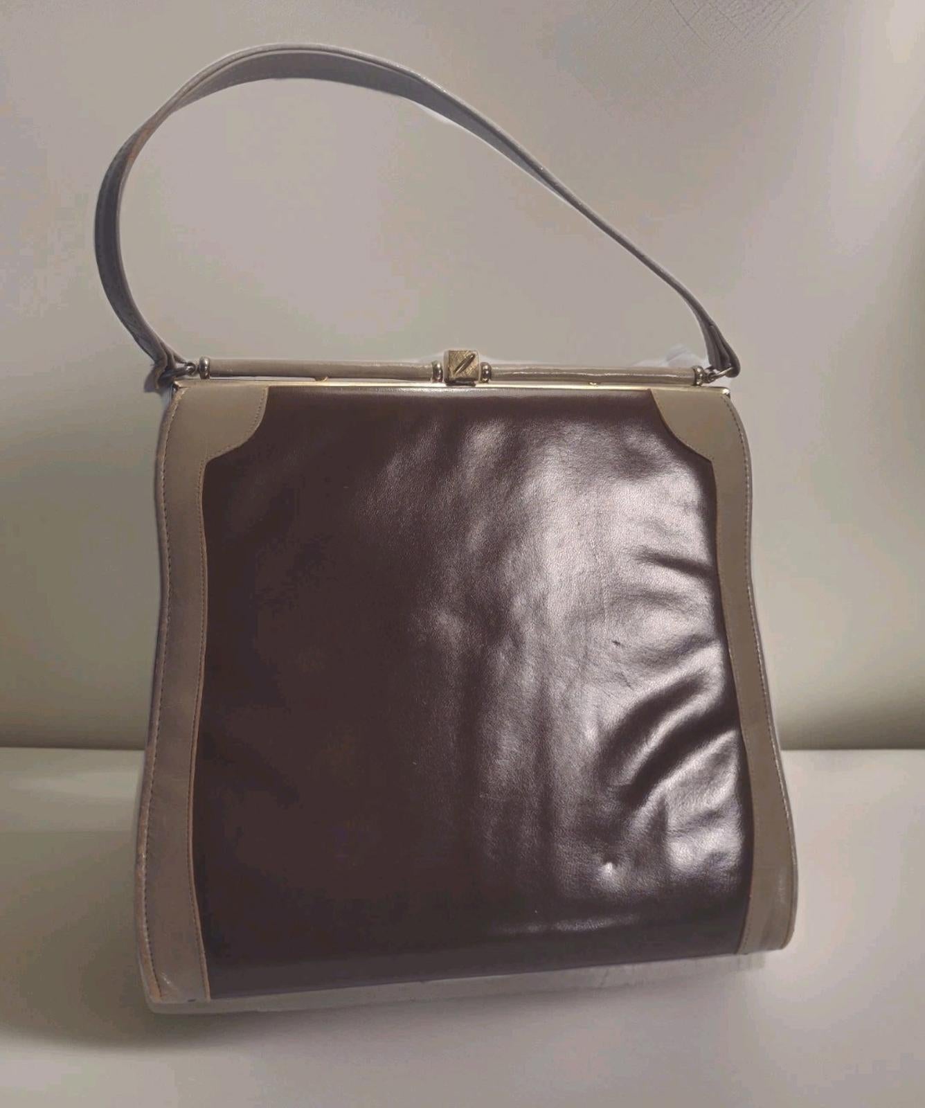Vintage Johansen Two Tone Leather Frame Bag Brass Feet Top Handle 1950s Brown