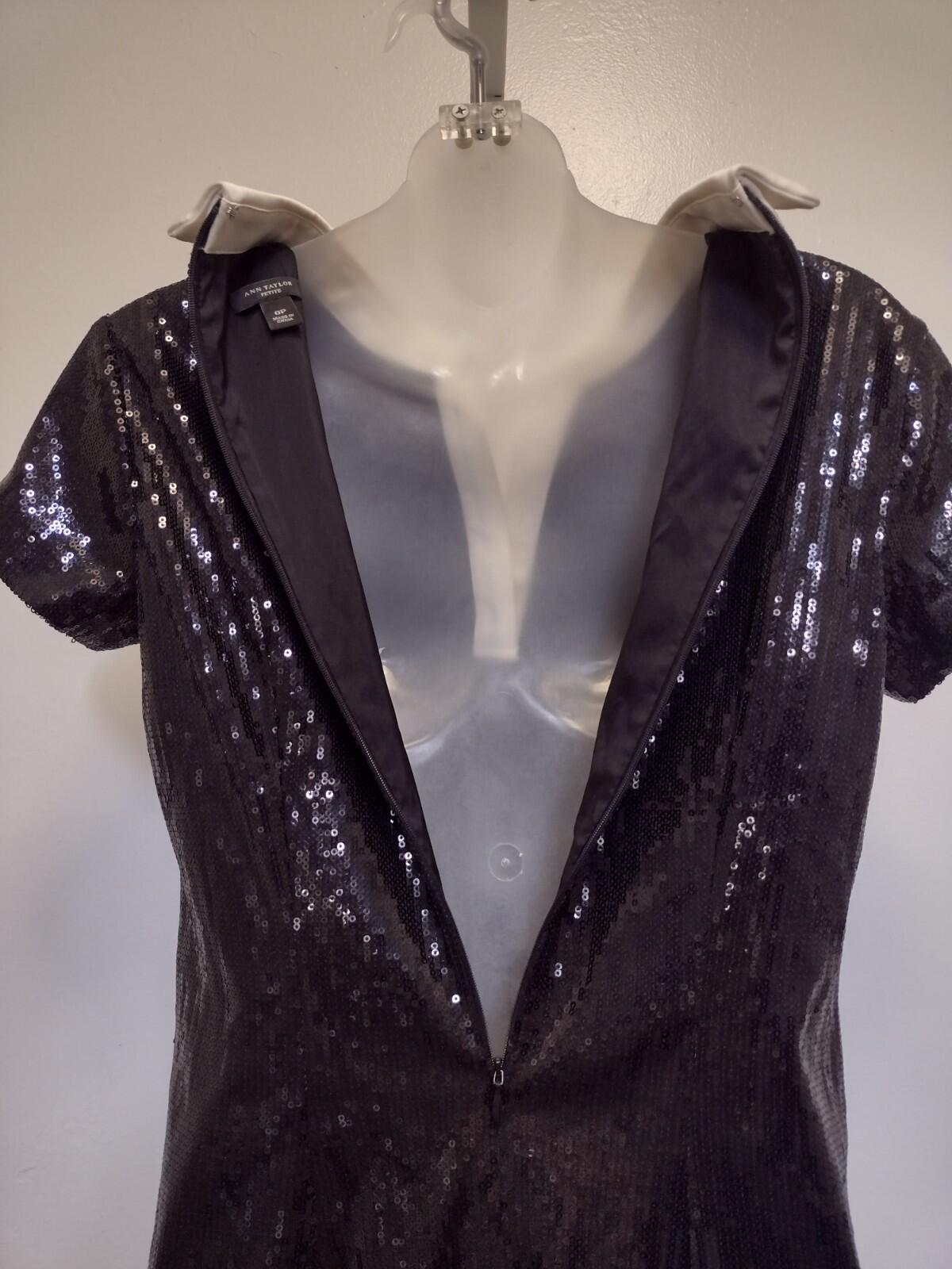 Black Sequin Satin Collar Mini Dress 0P Modern Glam Mod Prep Girlhood Inspired