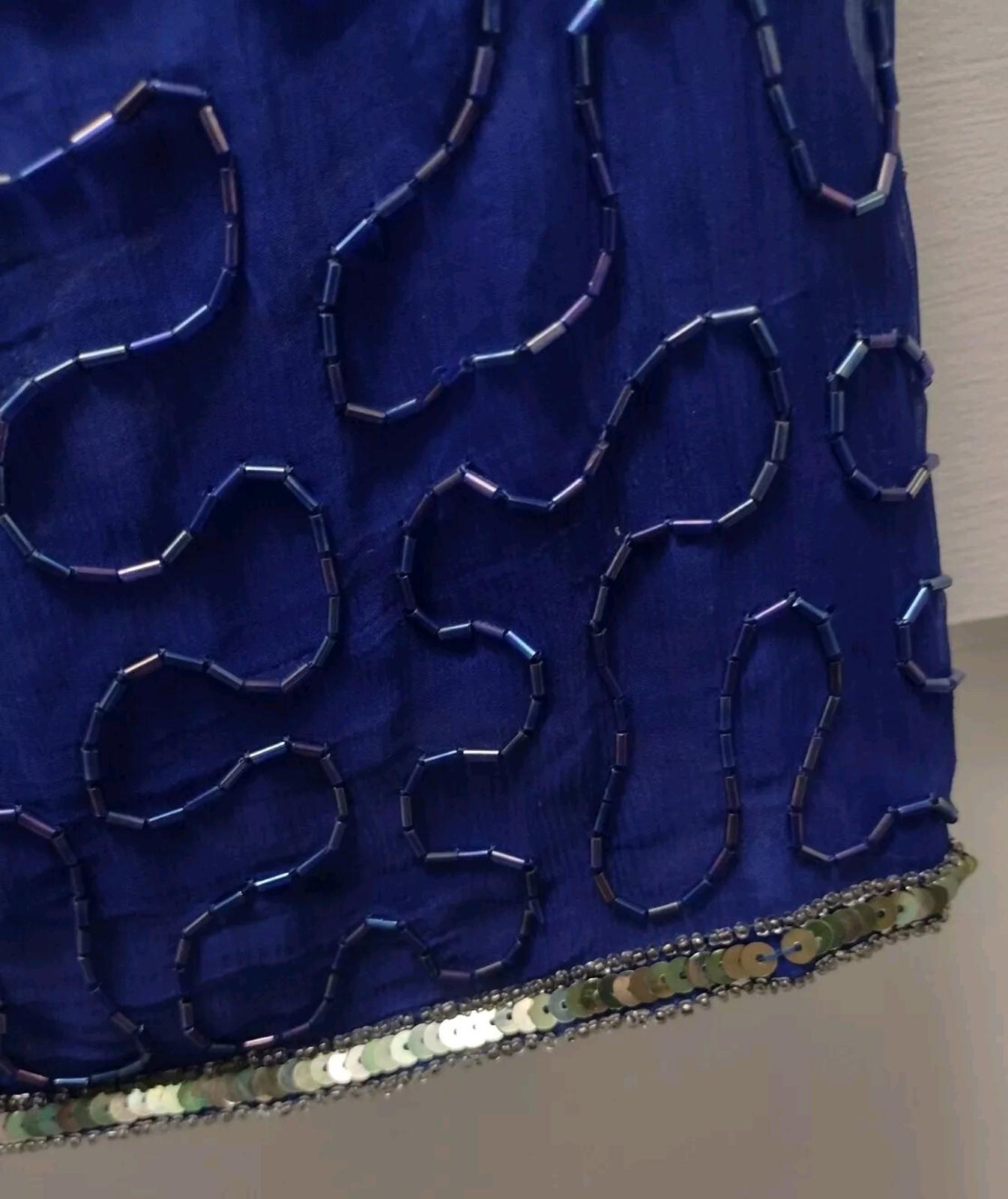Denise Elle Vintage 80s Blue Beaded Sequin Silk Dress Sz L