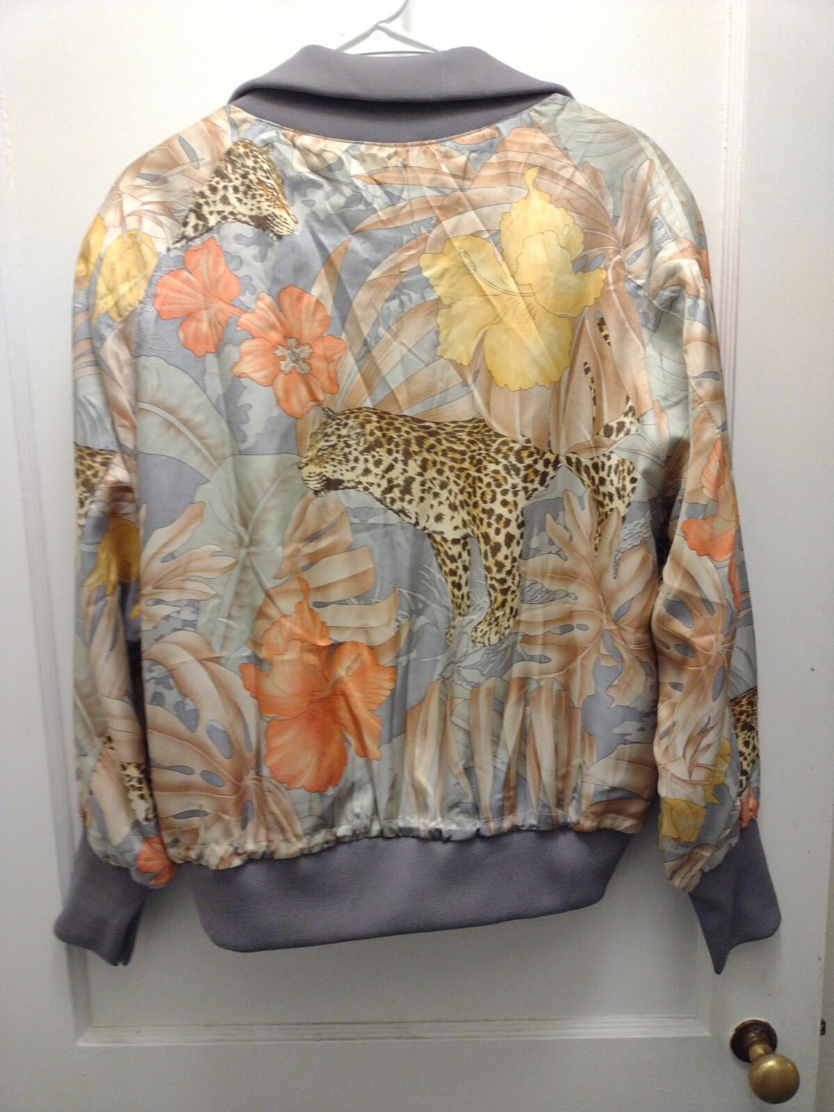 Vintage Damee NY Satin Bomber Jacket Cheetah  Zip-Up Art To Wear Sz M