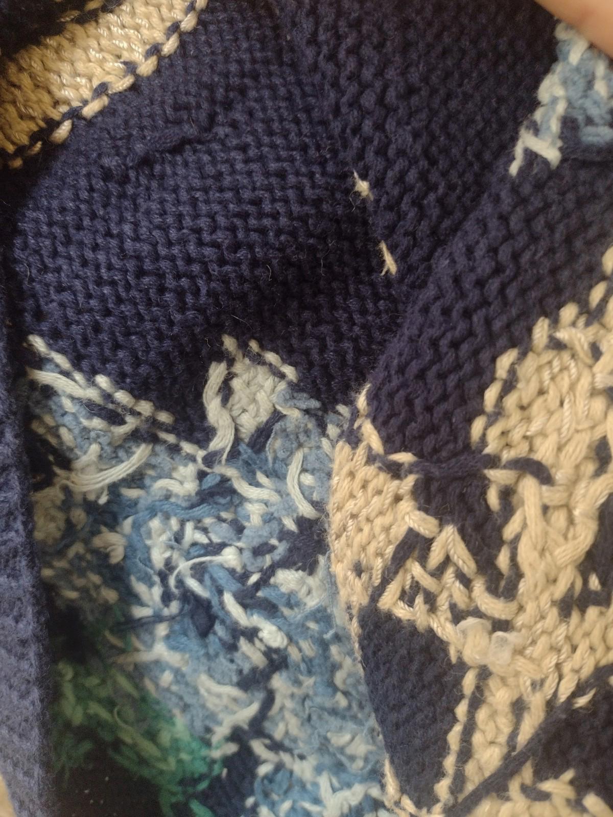 90s Jennifer Reed Hand Knit Floral Sweater Ramie Cotton Navy Oatmeal Oversized S