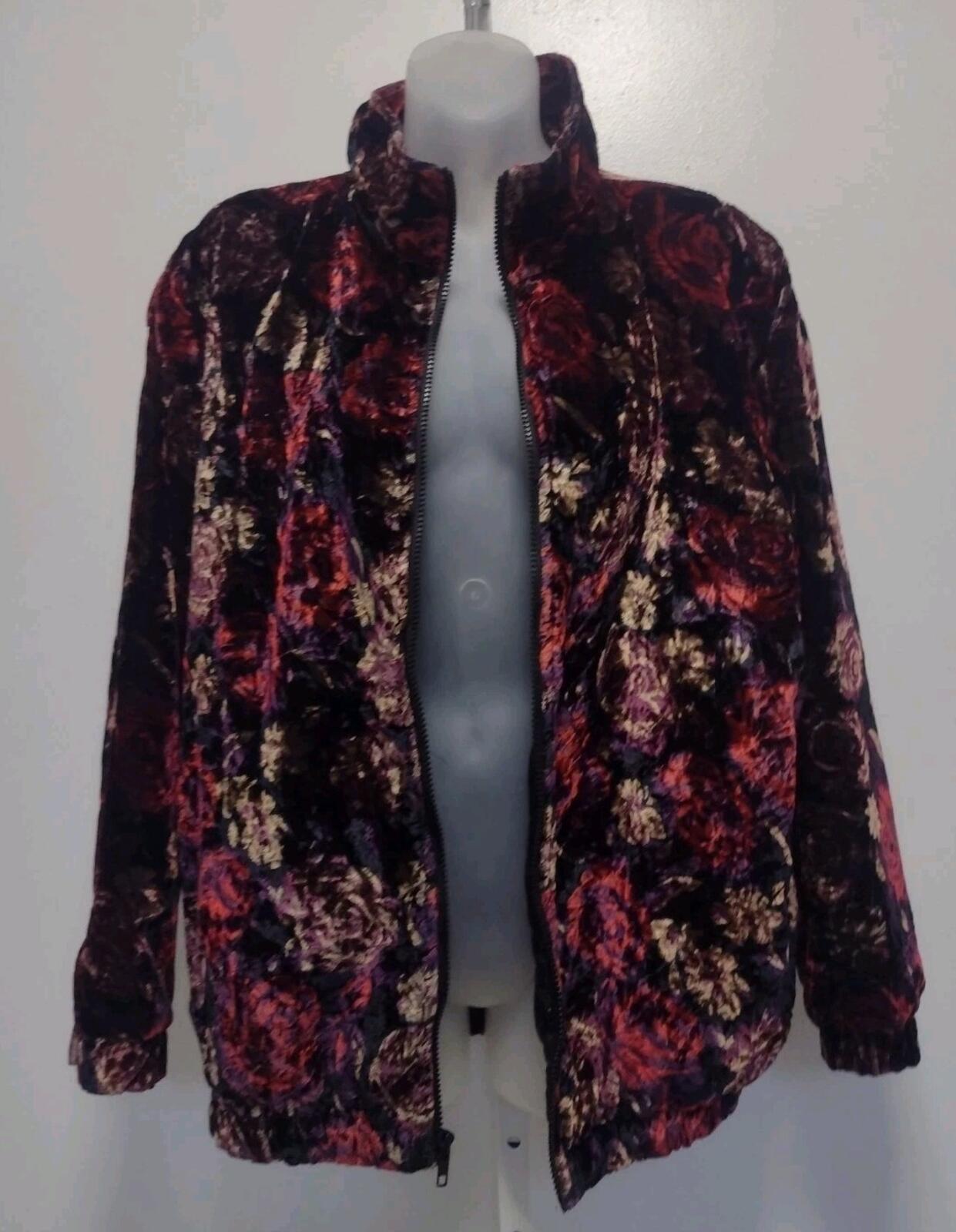 Vintage 80s Rafael Floral Velvet Quilted Bomber Jacket L Made in Taiwan R.O.C.