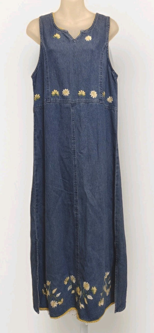 D. Designs Denim Maxi Dress Embroidered Daisies Cottagecore Boho Prairie Sz S