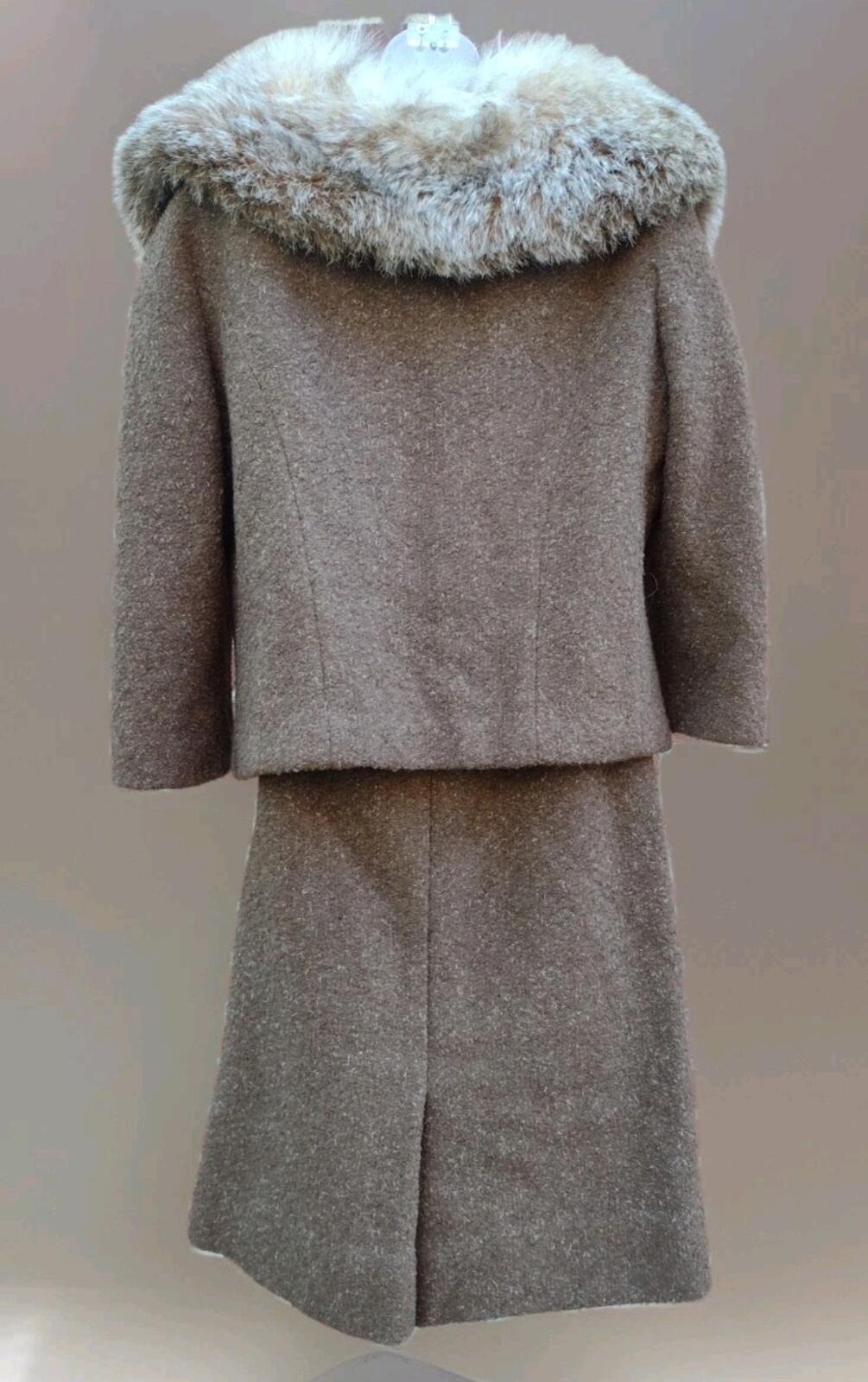 VTG 50s Zelinka Bouclé Wool Fox Fur Collar Coat Skirt Set Union Made Sz M