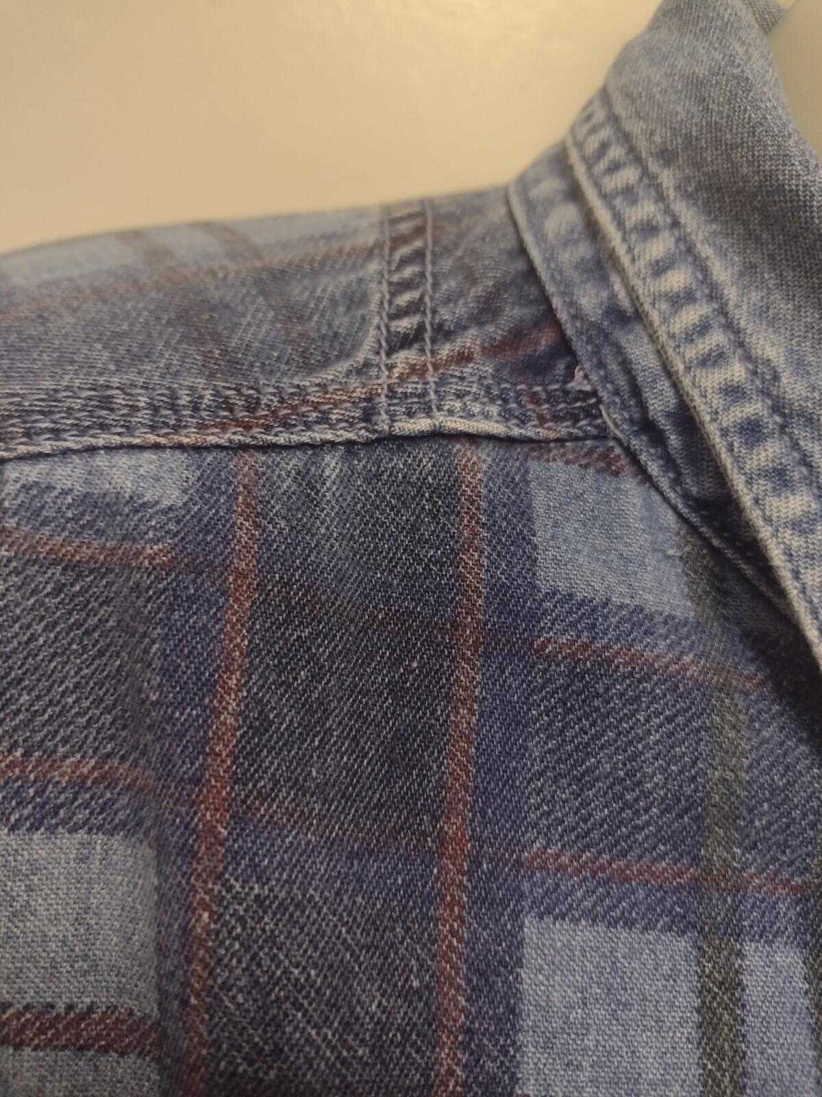 Vintage 90s Printed Plaid Denim Shirt Men’s L Grunge Double Denim Y2K Workwear