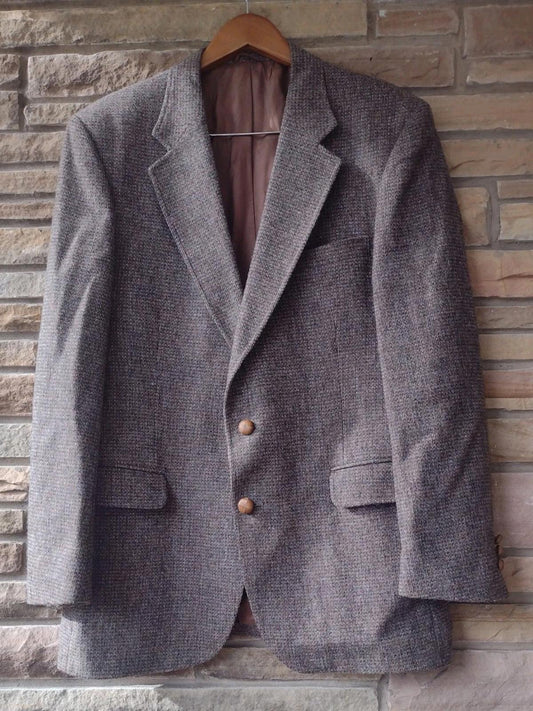 Vintage Austin Manor Wool Tweed Blazer Jacket Brown Leather Buttons Size 42