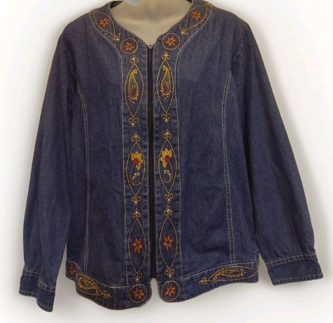 Vintage 90s Embroidered Denim Jacket Womens Medium Adrian Delafield Haband Zip