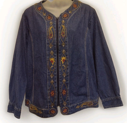 Vintage 90s Embroidered Denim Jacket Womens Medium Adrian Delafield Haband Zip