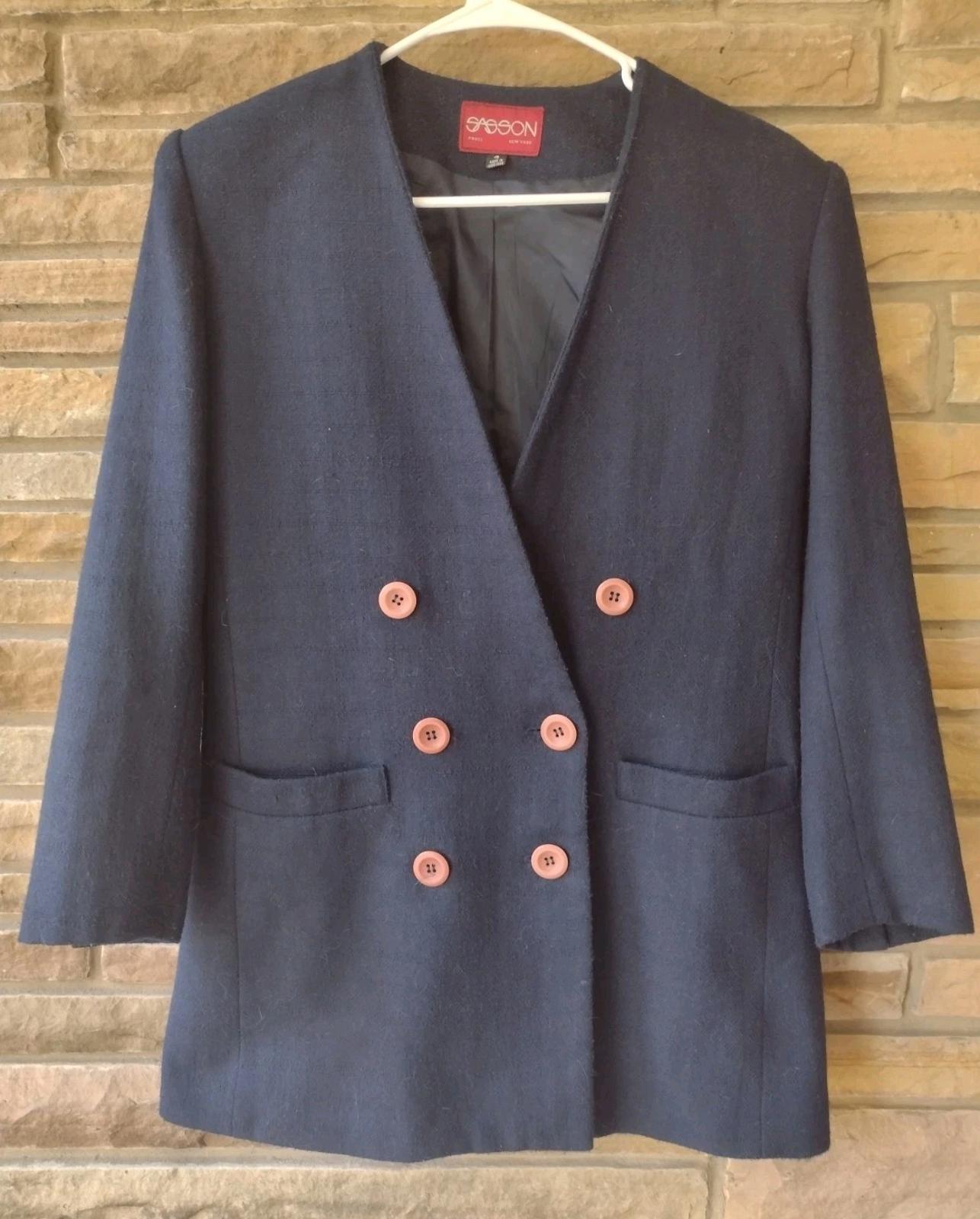 Vintage 80s Sasson Navy Wool Blend Double-Breasted Blazer Sz 4 Jacket
