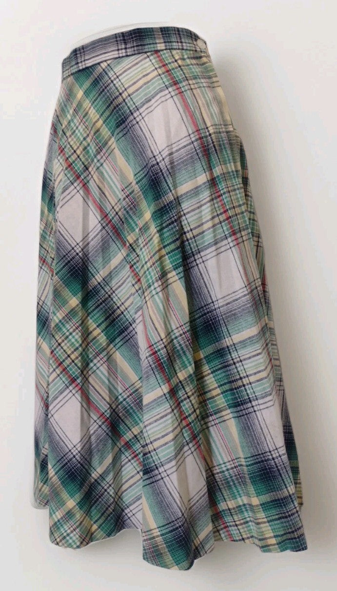 Vintage Pan-Ther Plaid Midi Skirt 15/16 Green Linen Blend Pleated Academia 70s