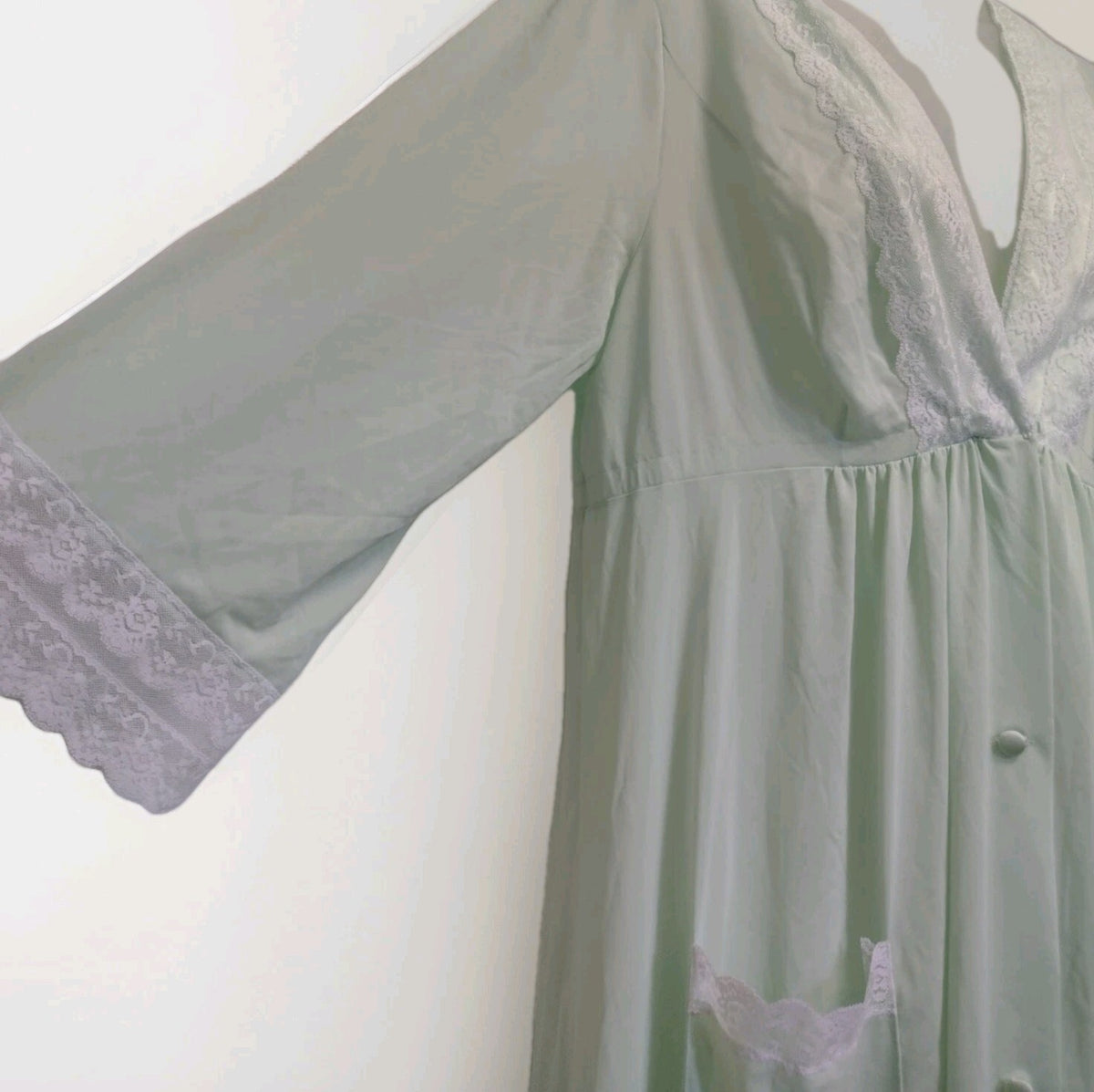 Vintage Shadowline Maxi Robe Large Pistachio Green Nylon Lace Made USA 57"