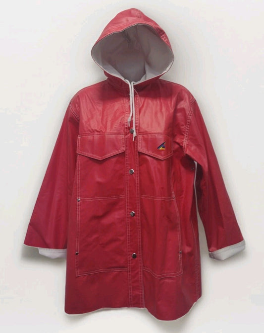80s Nautical Fisherman Red Vinyl Rain Slicker Rainbow Sailboat Misty Harbor Sz M